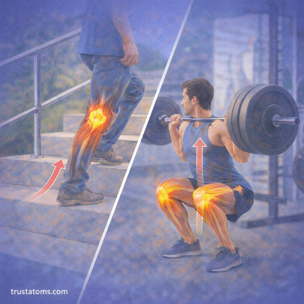 Split illustration showing a person climbing stairs and another performing a squat, highlighting muscle force and movement.