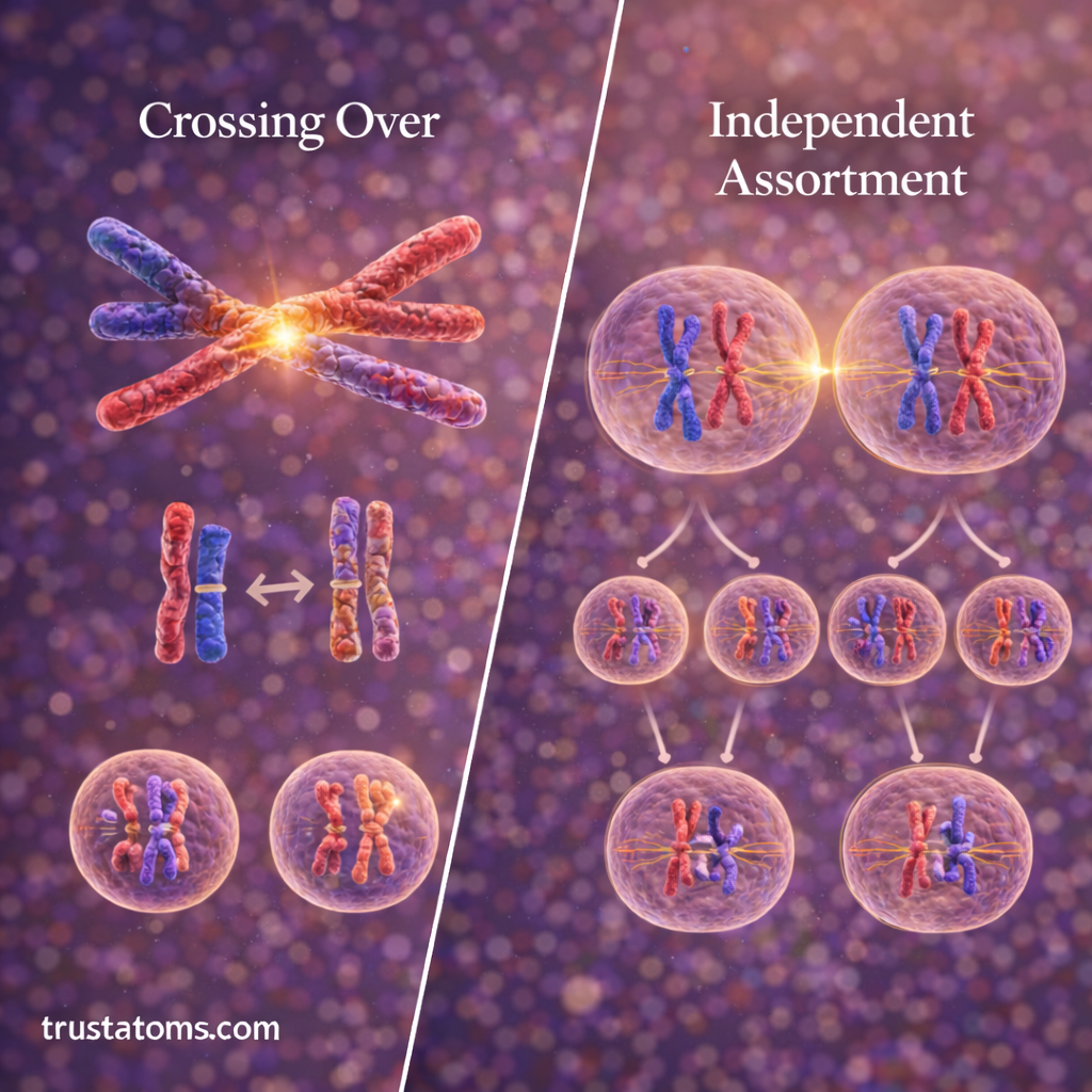 Split diagram showing genetic variation in meiosis through crossing over and independent assortment of chromosomes.