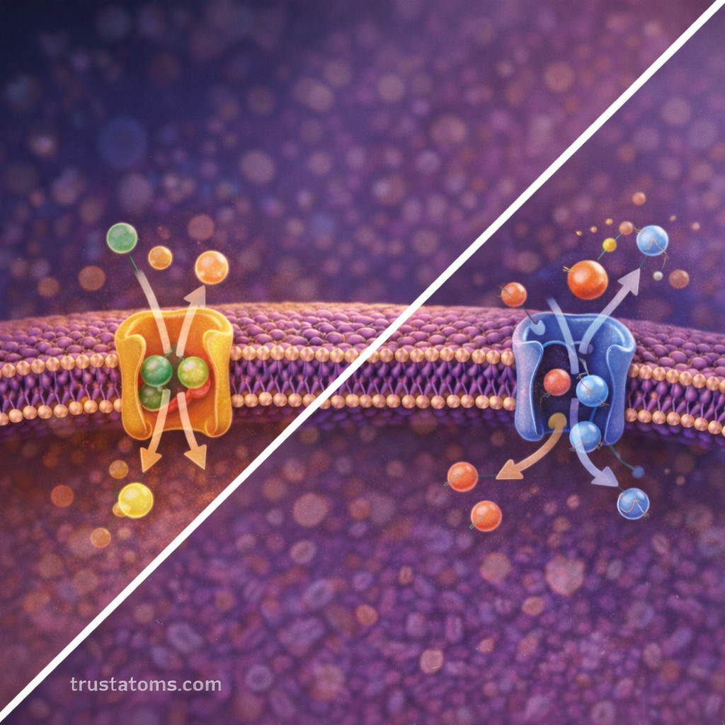Split diagram illustrating membrane cotransport systems showing symport and antiport transport proteins moving molecules across a cell membrane.