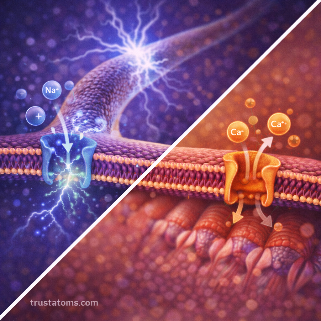 Split diagram showing membrane potential in neurons and muscle cells, illustrating ion channel activity during nerve signaling and muscle contraction.