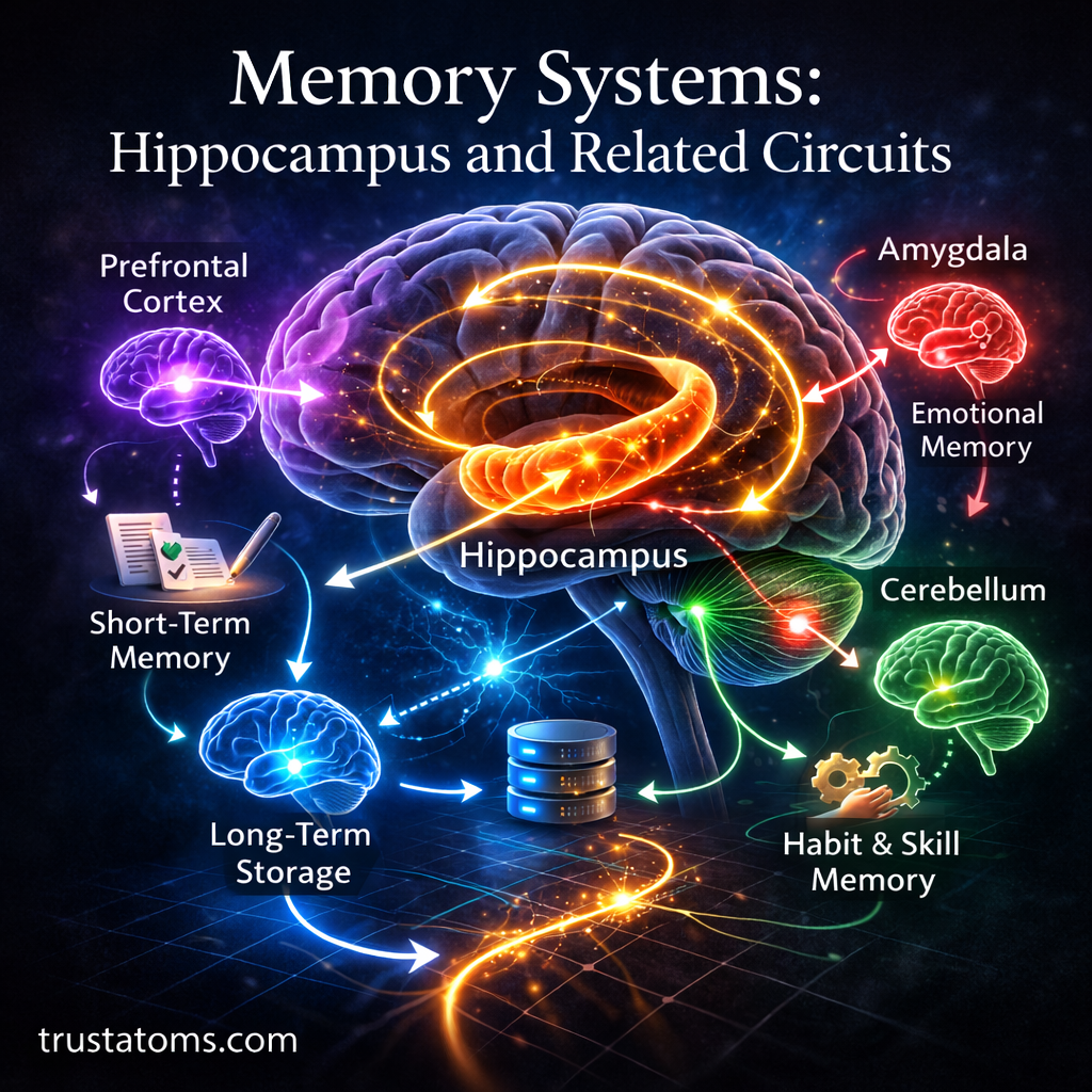Illustration of the brain highlighting the hippocampus and related memory circuits involved in short-term, long-term, and emotional memory.