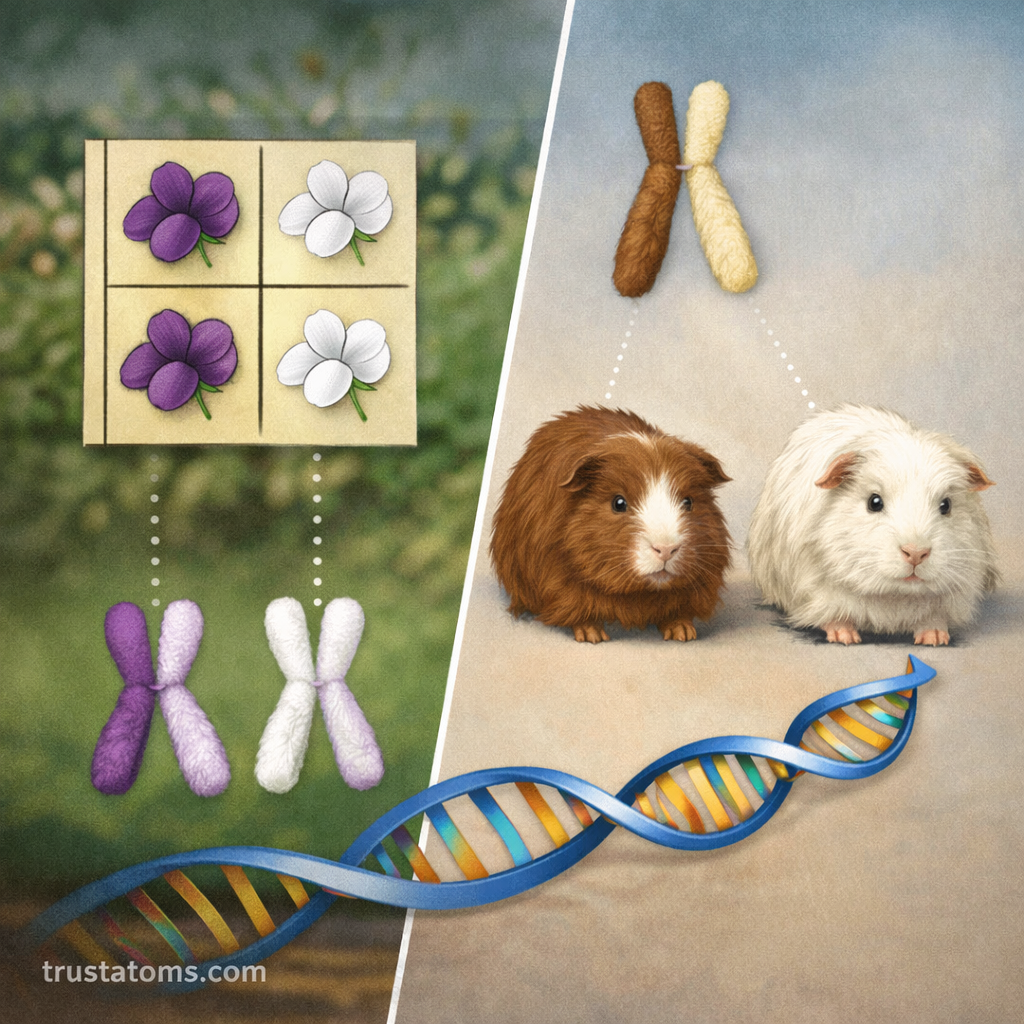 Split educational illustration showing Mendelian inheritance with flower color traits on one side and guinea pig coat color inheritance on the other, connected to chromosomes and DNA.