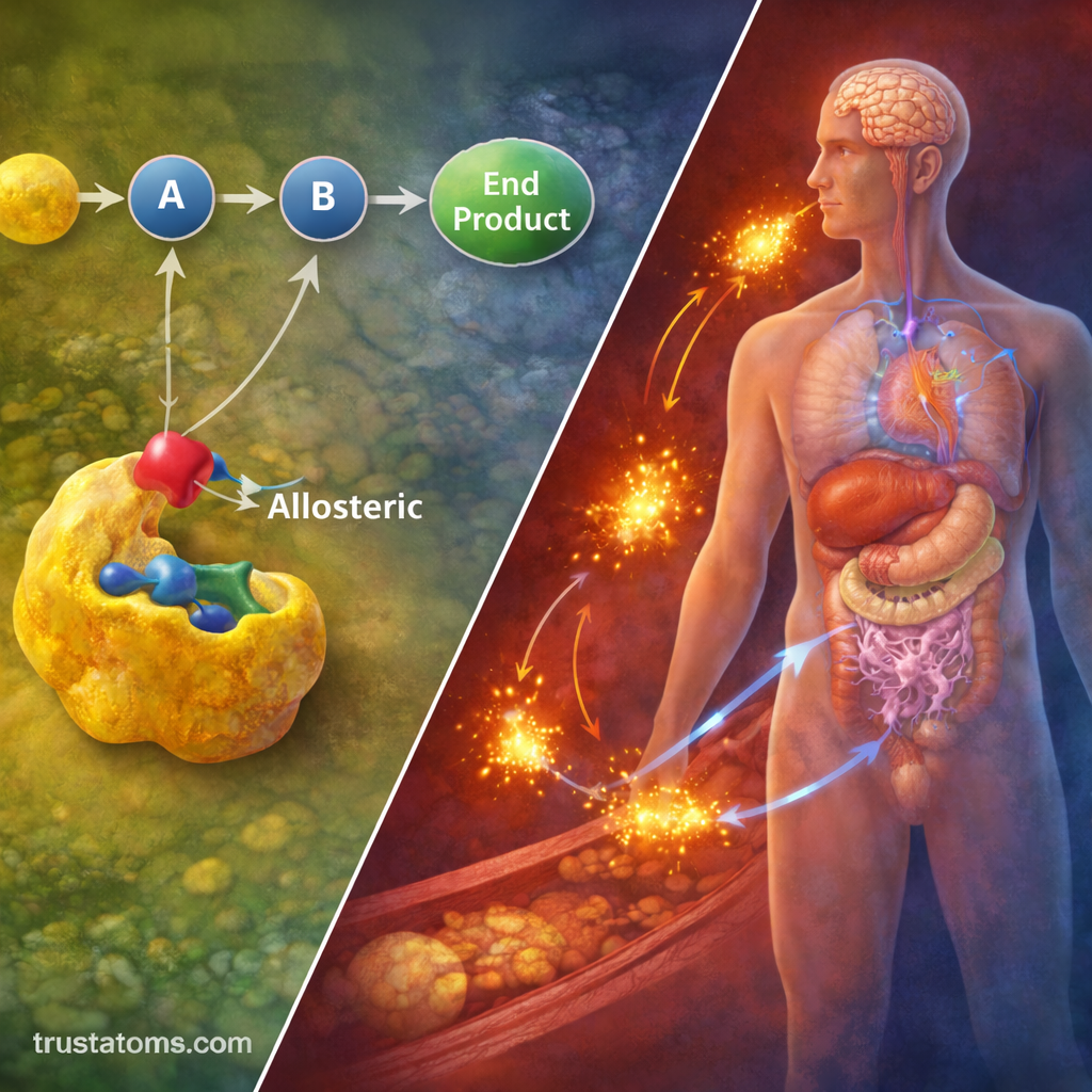 Split educational biology illustration showing an enzyme with allosteric inhibition on one side and hormonal regulation within the human body on the other.