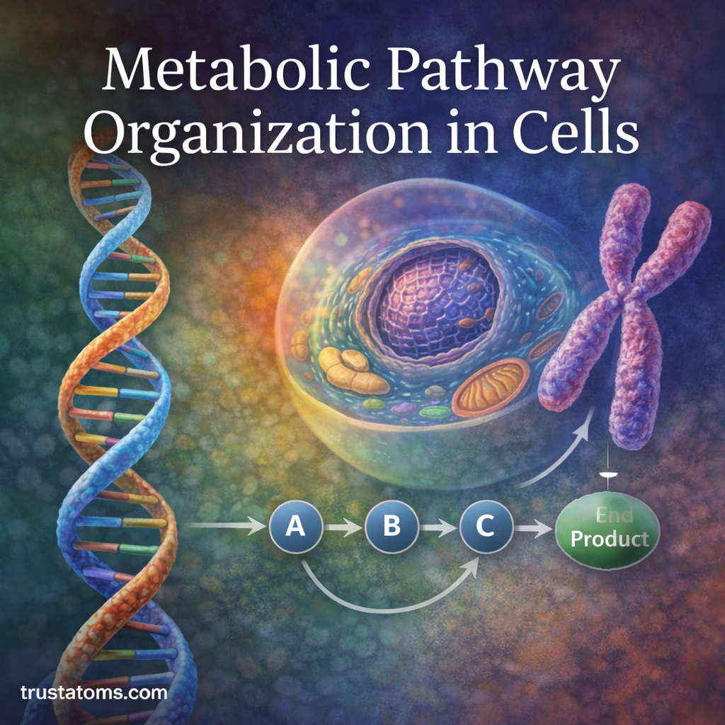 Educational illustration showing metabolic pathway organization in cells, including a cell structure, DNA strand, and a simple step-by-step metabolic pathway leading to a final product.