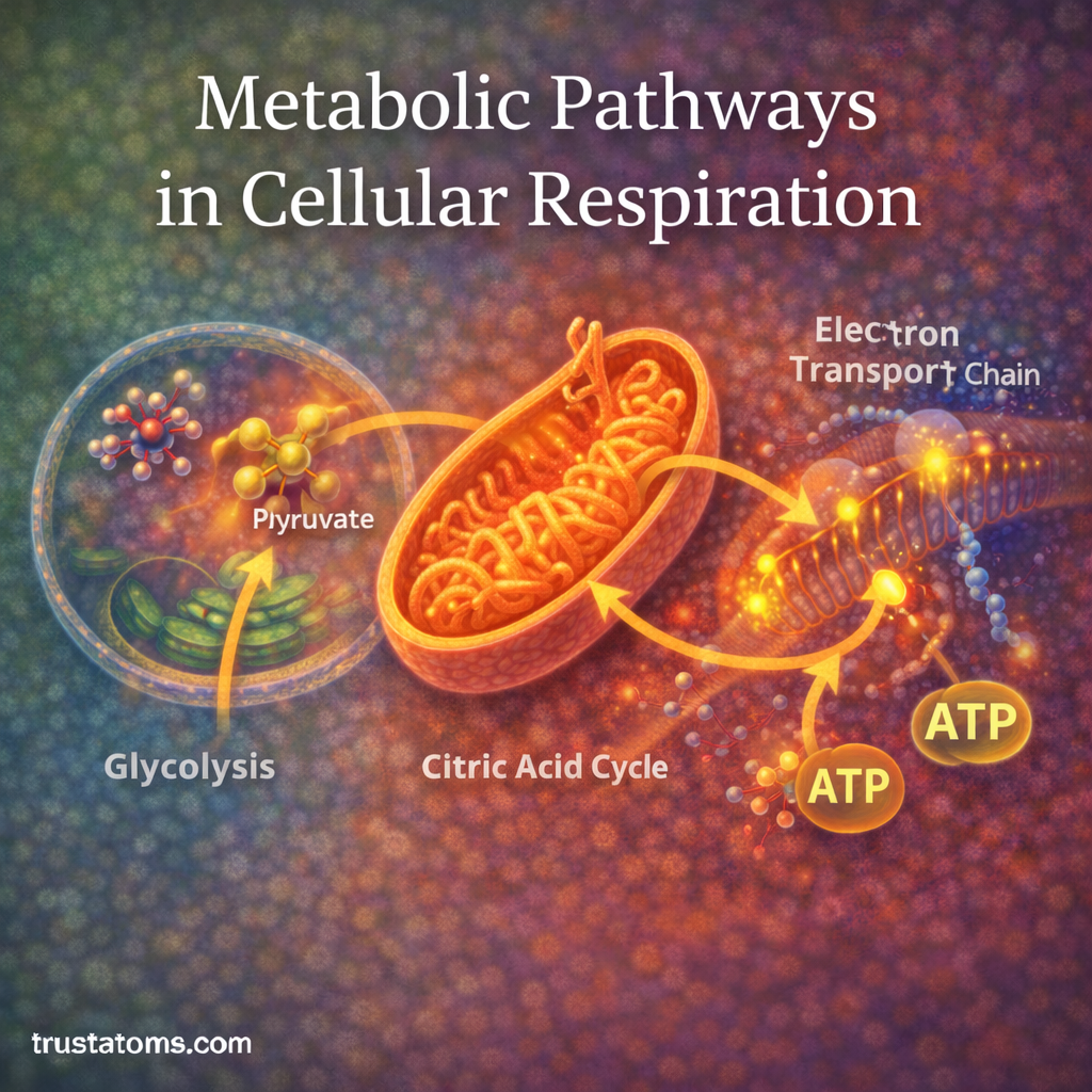 Educational illustration showing the stages of cellular respiration including glycolysis, the citric acid cycle in mitochondria, and the electron transport chain producing ATP.