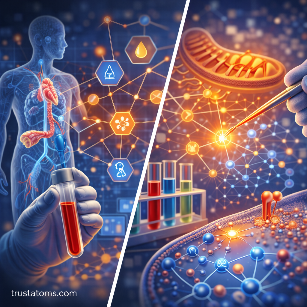 Split illustration showing hormonal regulation in the human body on one side and cellular metabolic networks with mitochondria and enzymes on the other.