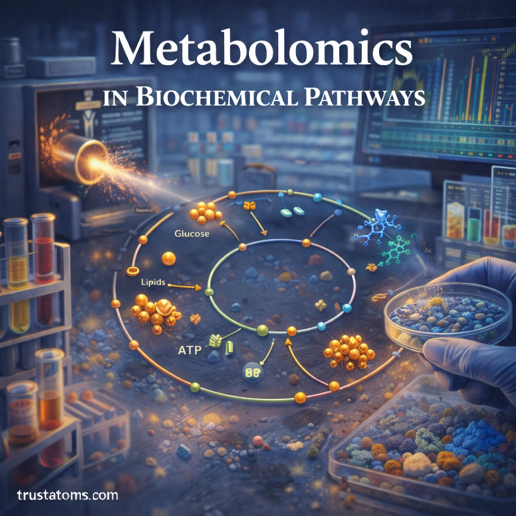 Illustration showing metabolomics in biochemical pathways with simplified metabolic cycle, molecules, and laboratory metabolite analysis tools.