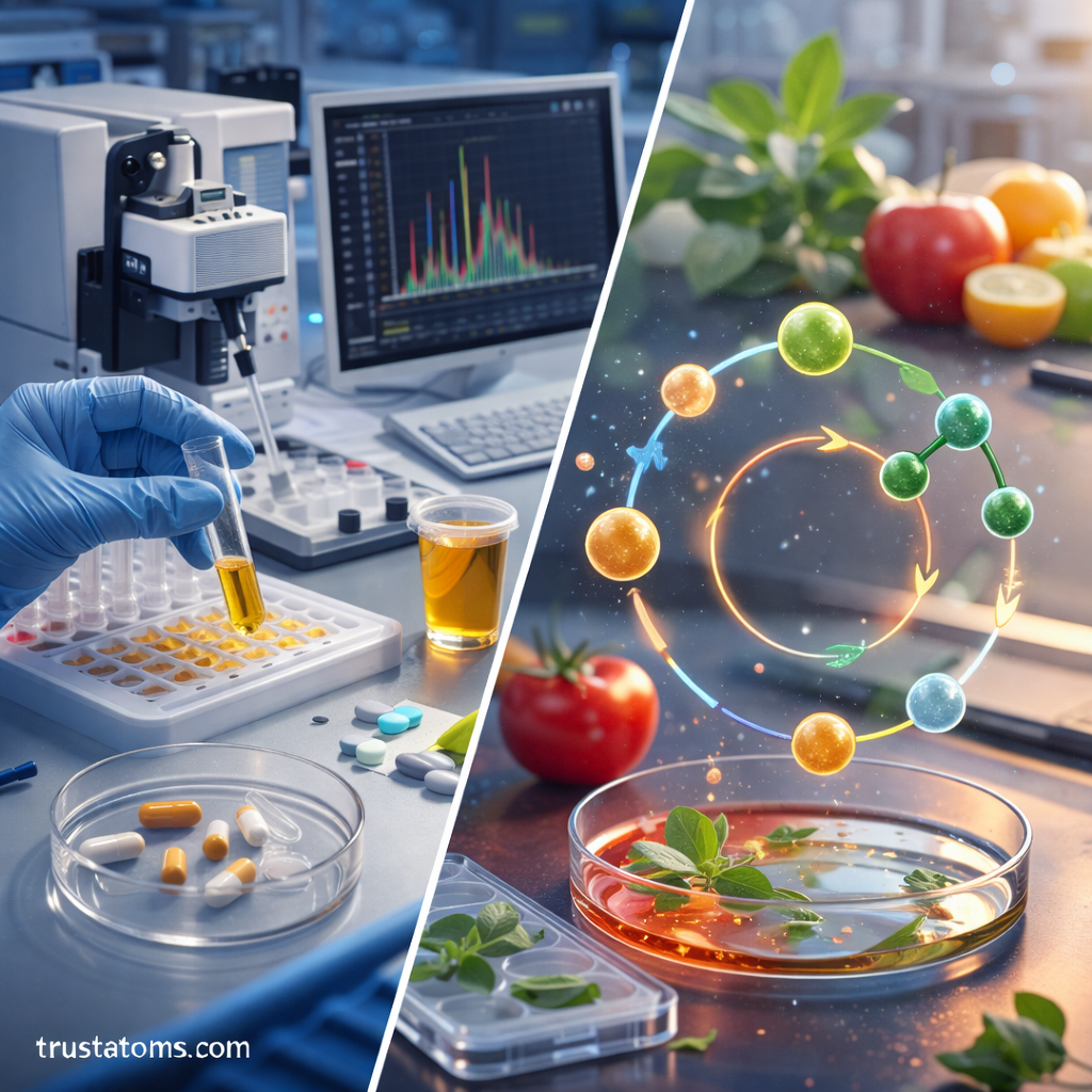 Split illustration showing metabolomics research in nutrition science with food metabolites and plant metabolic pathway analysis in laboratory studies.