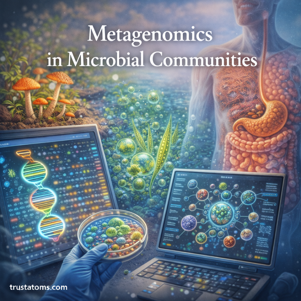 Illustration showing DNA sequencing and analysis of microbial communities from soil, water, and the human microbiome.