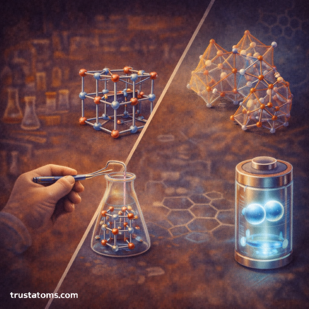 Split illustration showing advanced inorganic framework materials including metal-organic frameworks and zeolite structures used in materials science.