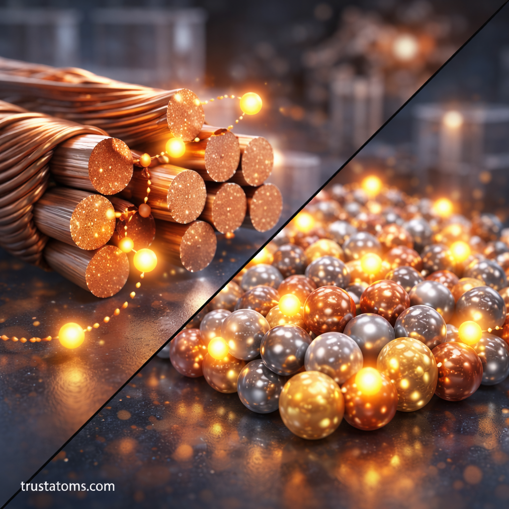 Illustration showing metallic bonding examples with copper wires and metal lattice atoms surrounded by mobile electrons.