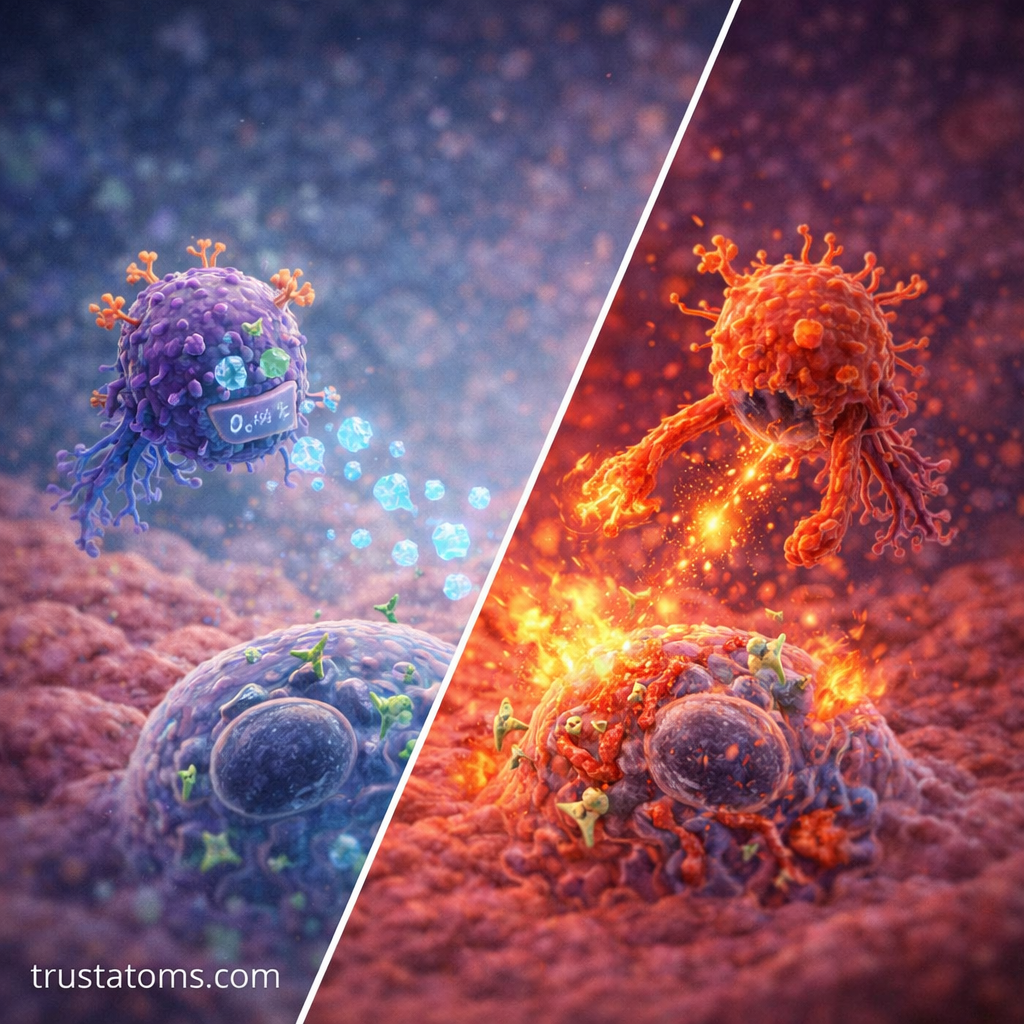 Split illustration showing immune cells ignoring healthy cells and attacking infected cells through antigen presentation.
