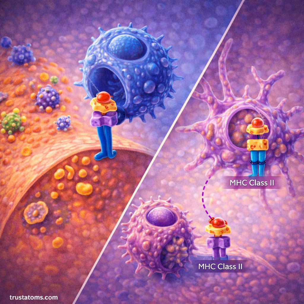Split illustration showing MHC class I antigen presentation to cytotoxic T cells and MHC class II presentation to helper T cells.