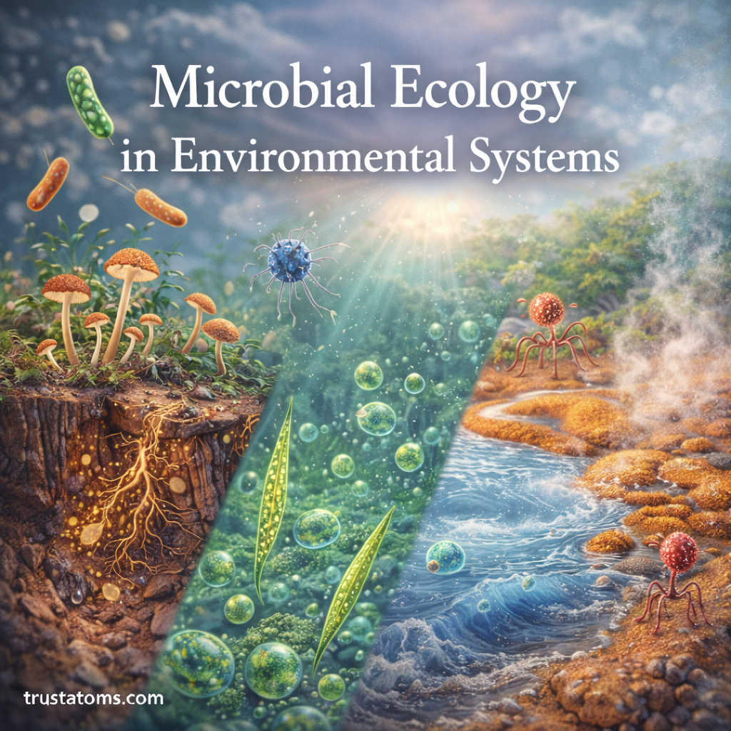 Illustration showing microorganisms in soil, aquatic environments, and extreme habitats representing microbial ecology in environmental systems.