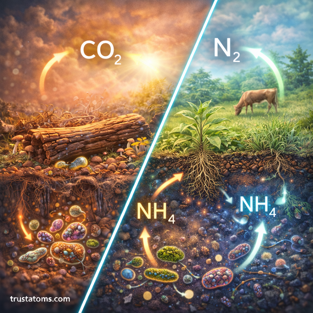 Split diagram showing microbial roles in the carbon cycle through decomposition and the nitrogen cycle through nitrogen-fixing bacteria in soil.