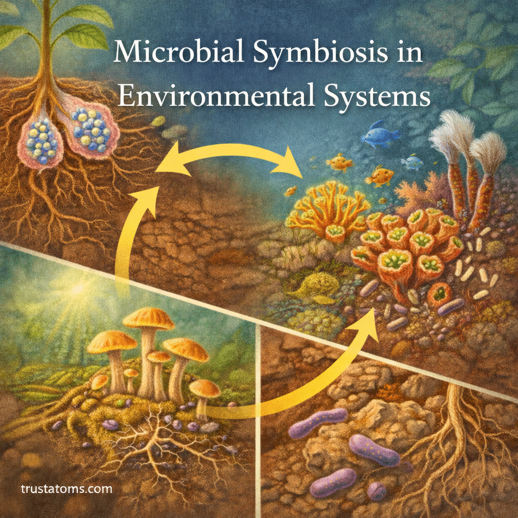 Illustration showing microbial symbiosis between plant roots, fungi, bacteria, and coral ecosystems exchanging nutrients.