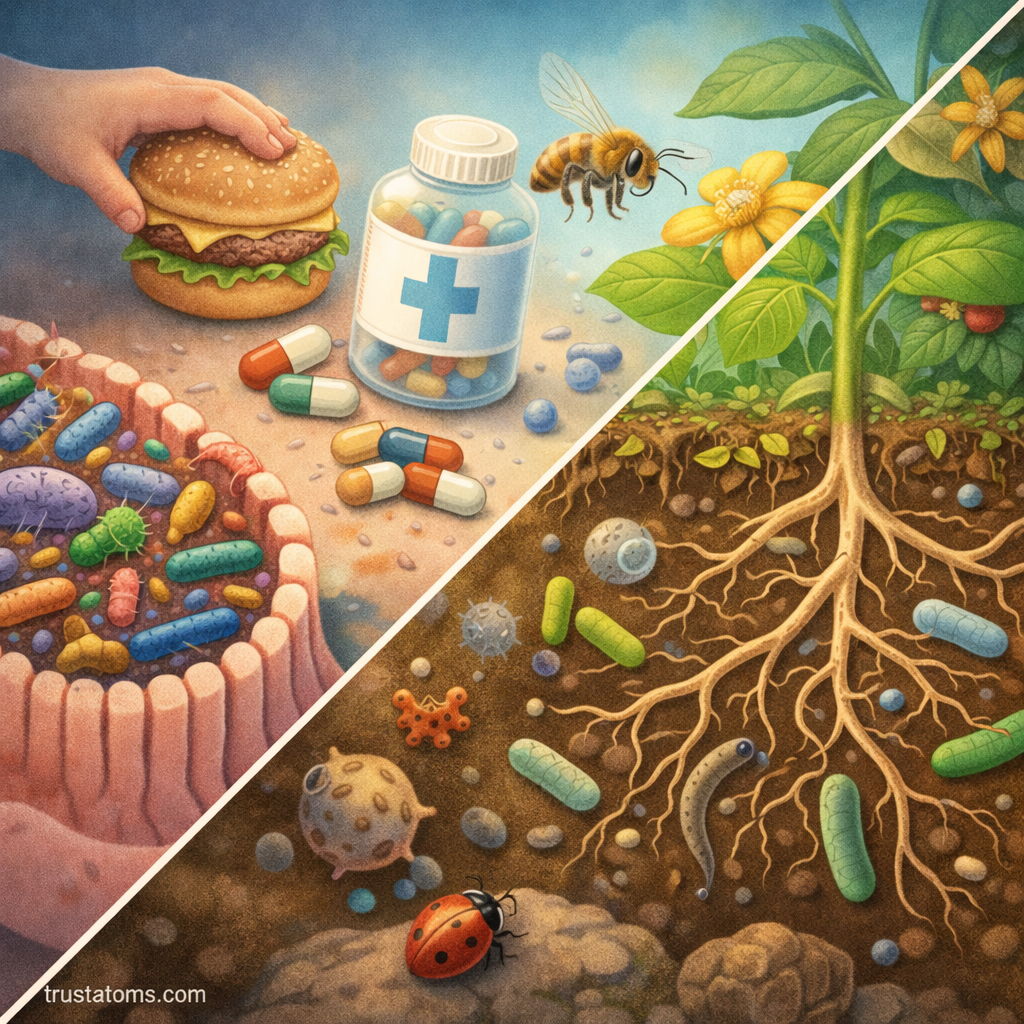 Split illustration comparing microbiome activity in the human gut and plant root soil ecosystem with diverse microbes and environmental influences.