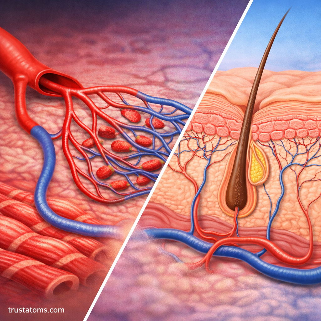 Split illustration of microcirculation in muscle and skin tissue showing capillary networks, blood flow, and tissue structures like muscle fibers and hair follicles.