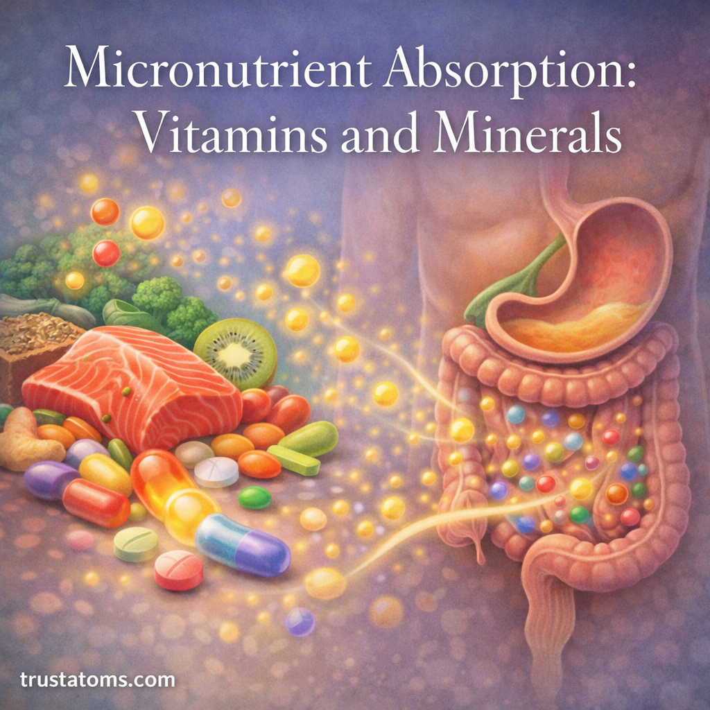 Illustration showing vitamins and minerals from food and supplements being absorbed through the digestive system into the body.