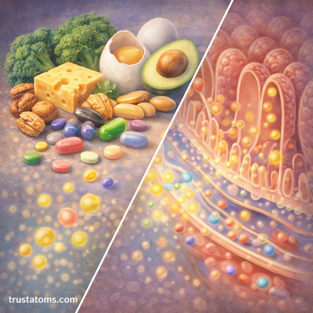 Split illustration showing nutrient-rich foods on one side and simplified vitamin and mineral absorption through intestinal villi on the other.