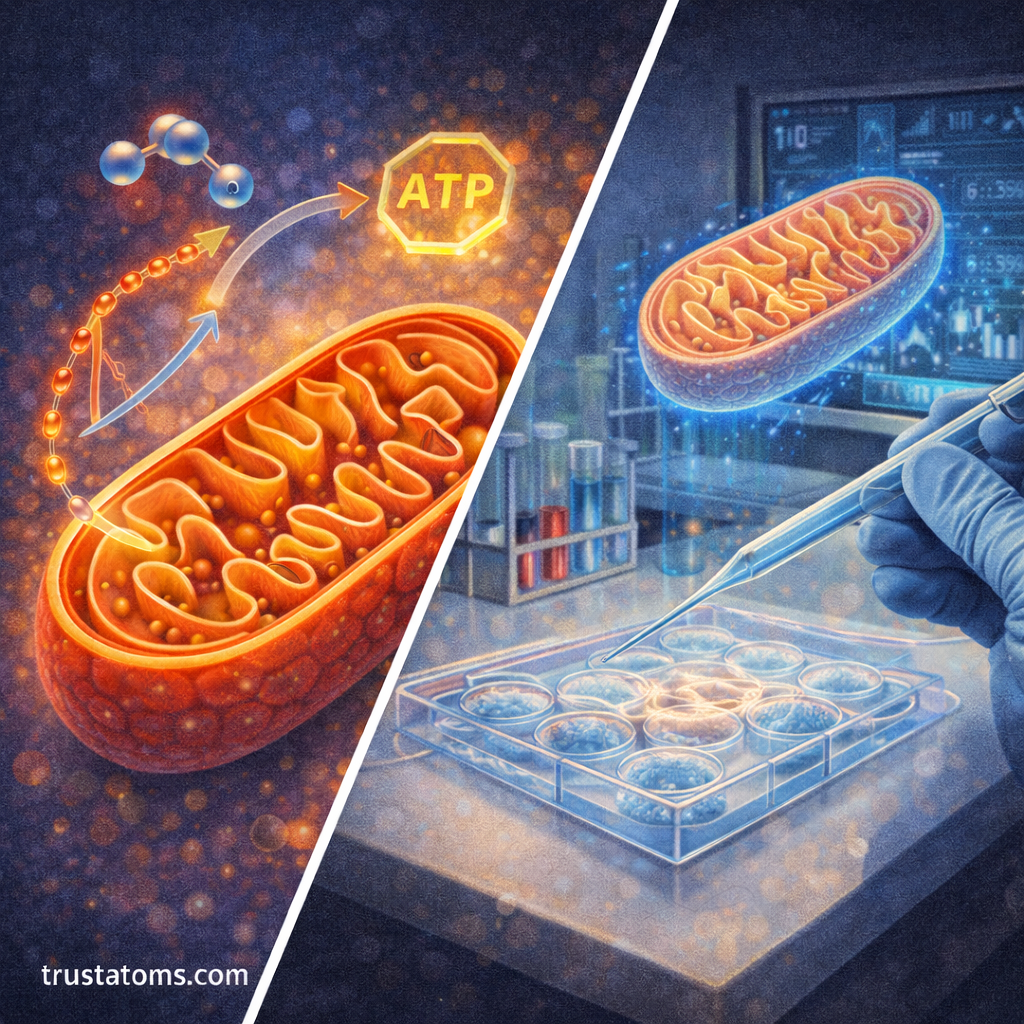 Split illustration showing mitochondria producing ATP energy on one side and scientists studying mitochondria in a laboratory on the other.