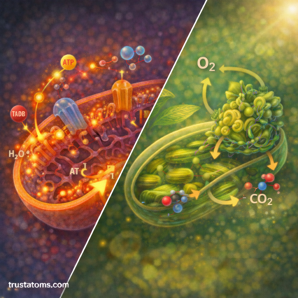 Split biology illustration showing ATP production inside a mitochondrion on one side and oxygen and carbon dioxide exchange related to cellular respiration on the other.