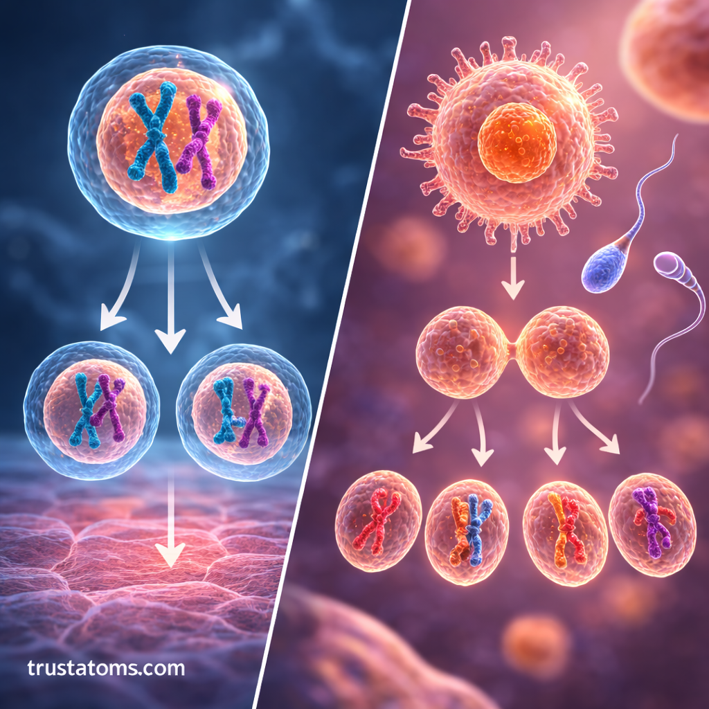 Illustration comparing mitosis and meiosis cell division processes and the number of cells produced.