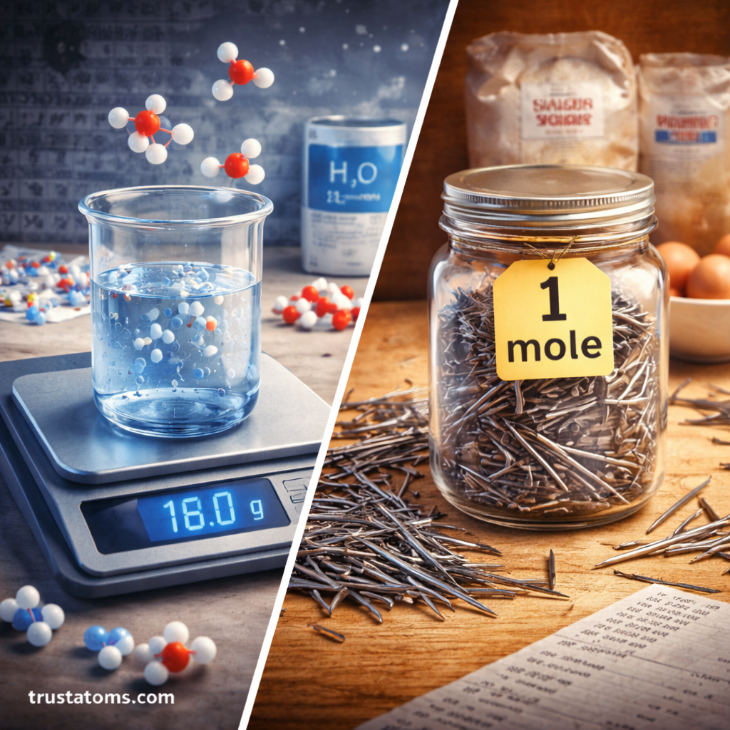 Split illustration showing a laboratory beaker of water on a digital scale and a jar of nails labeled one mole to represent counting large quantities of particles in chemistry.
