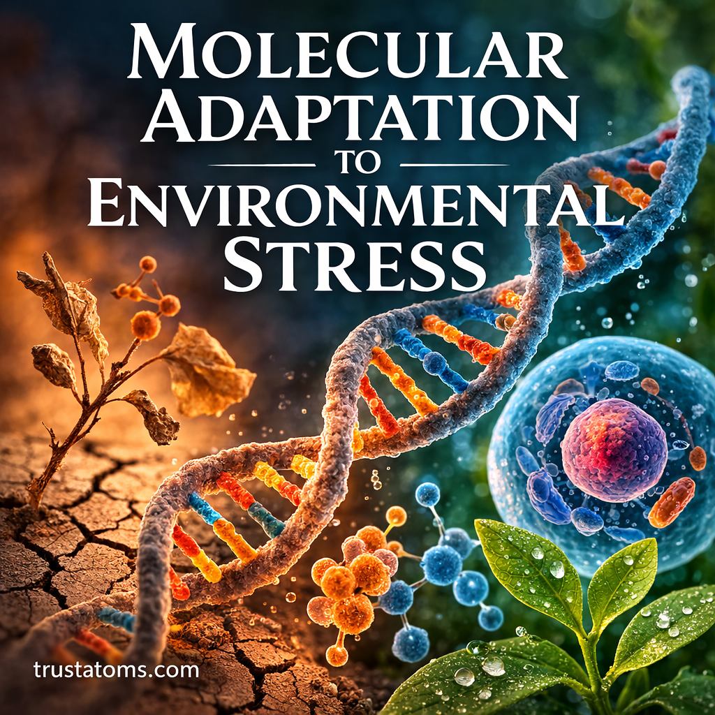 Illustration showing DNA, cells, and plants adapting to extreme environmental conditions such as drought and water stress.