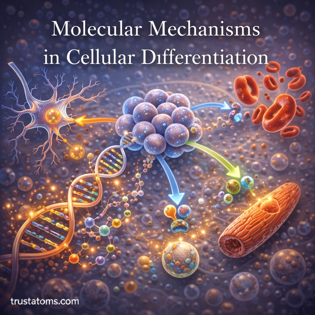 Illustration showing stem cells differentiating into specialized cells such as neurons, muscle cells, and blood cells guided by molecular signaling pathways.