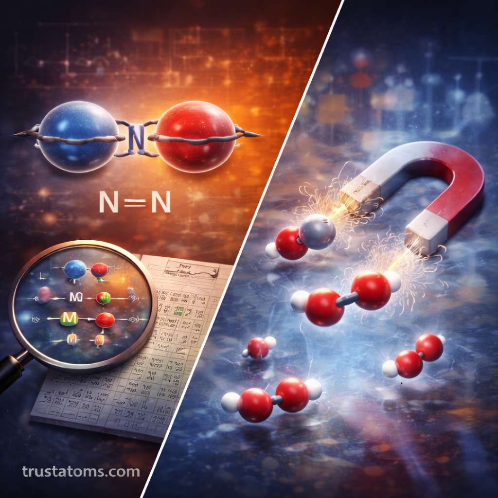 Split illustration showing a nitrogen molecule bonding model and oxygen molecules interacting with a magnetic field to demonstrate molecular orbital theory concepts.