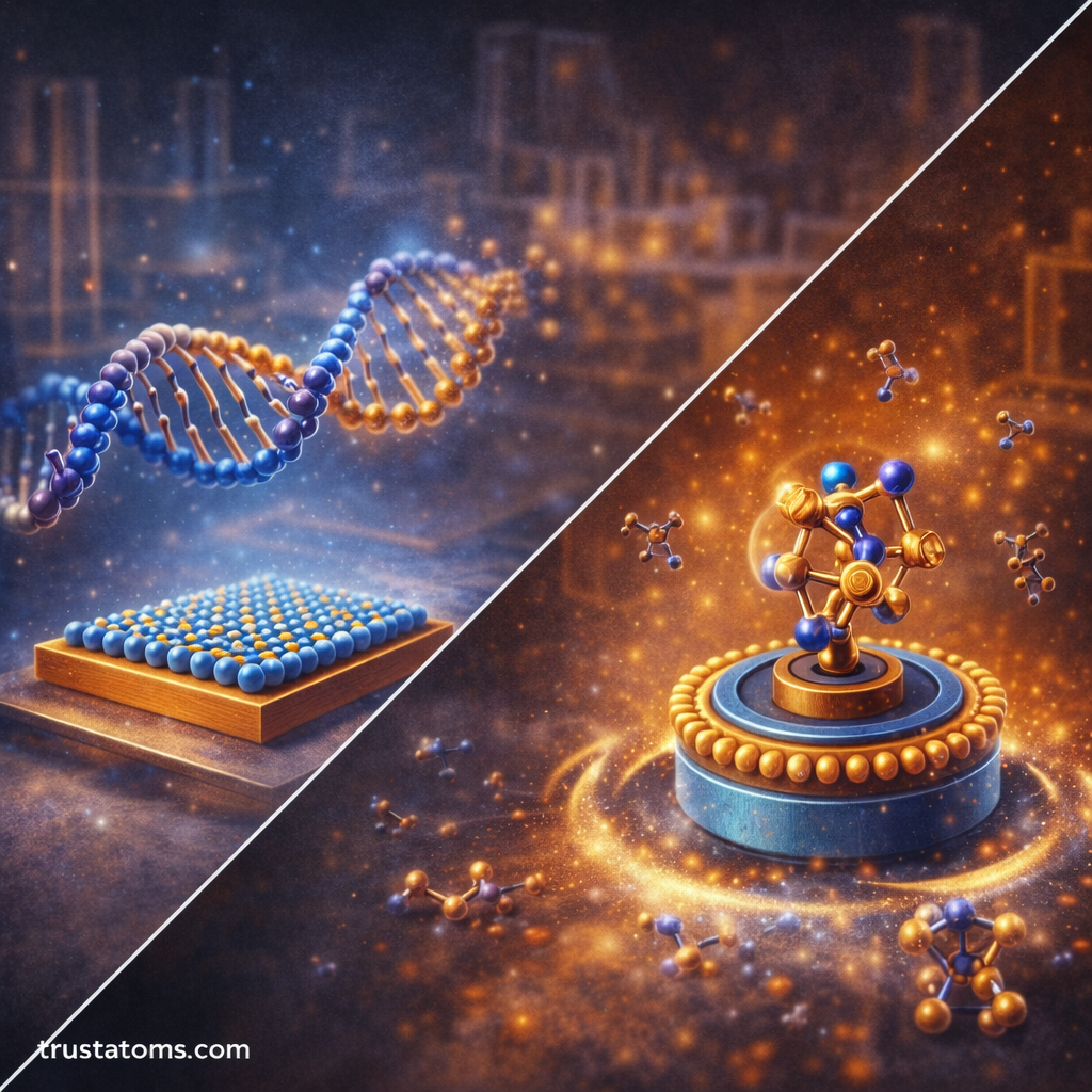 Split illustration showing static and dynamic molecular self-assembly including DNA structures, surface monolayers, and a rotating molecular machine.