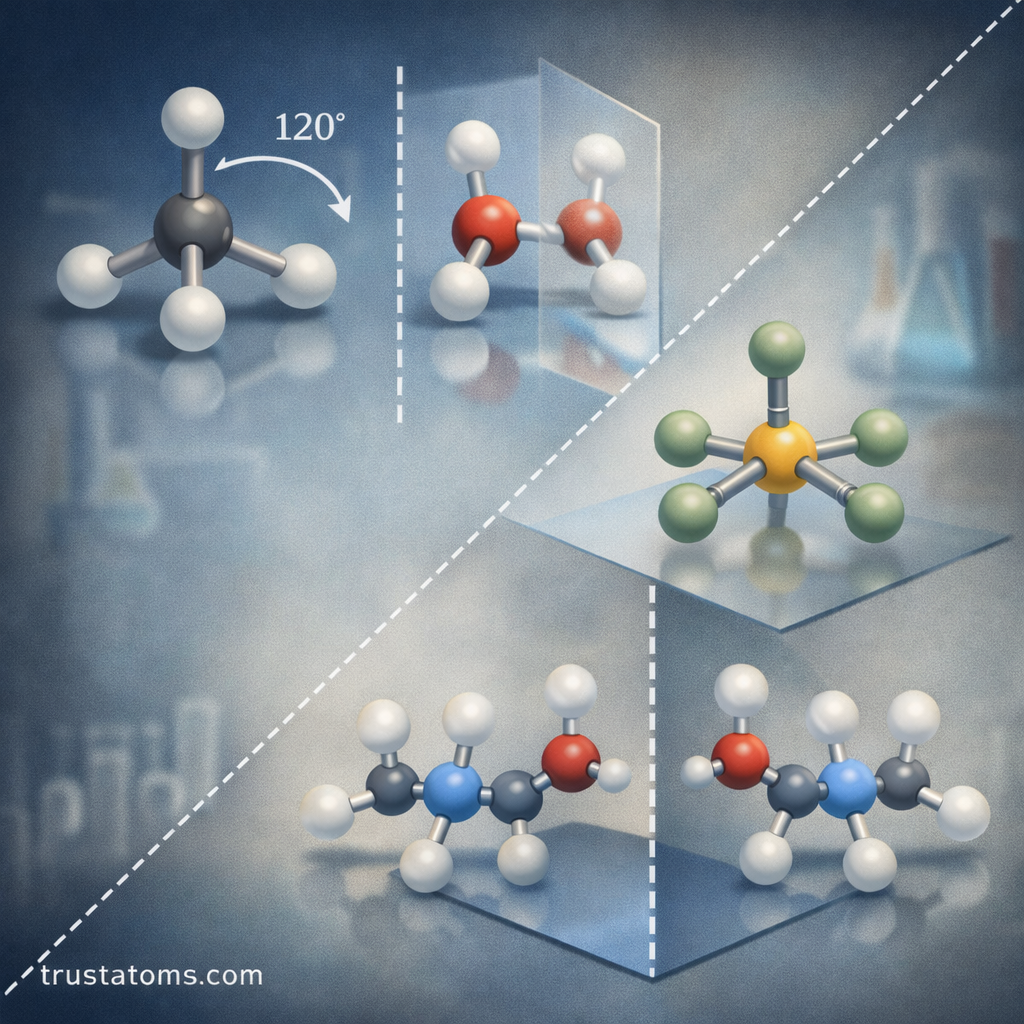 Illustration showing different molecular symmetry examples with rotational and mirror symmetry in simple chemical structures.