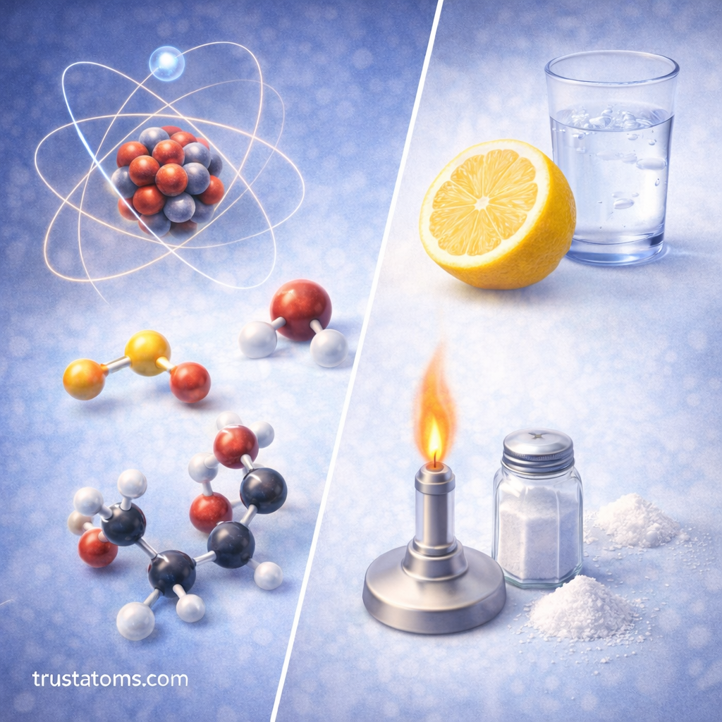 Diagonal split illustration showing simple molecular models on one side and everyday examples like water, lemon, salt, and heat on the other, with trustatoms.com watermark.