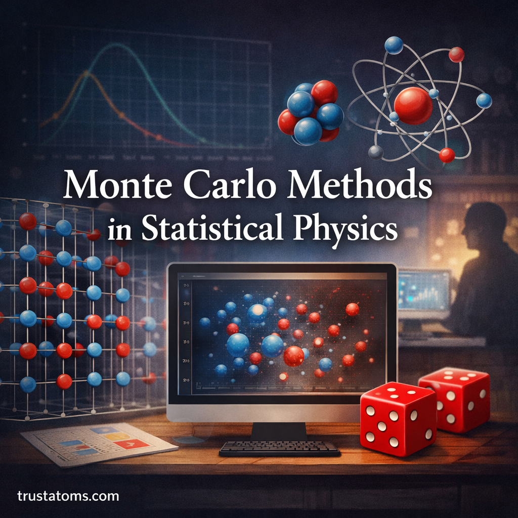 Illustration showing Monte Carlo methods in statistical physics with particle simulation on a computer screen, lattice model, dice symbolizing randomness, and trustatoms.com watermark.