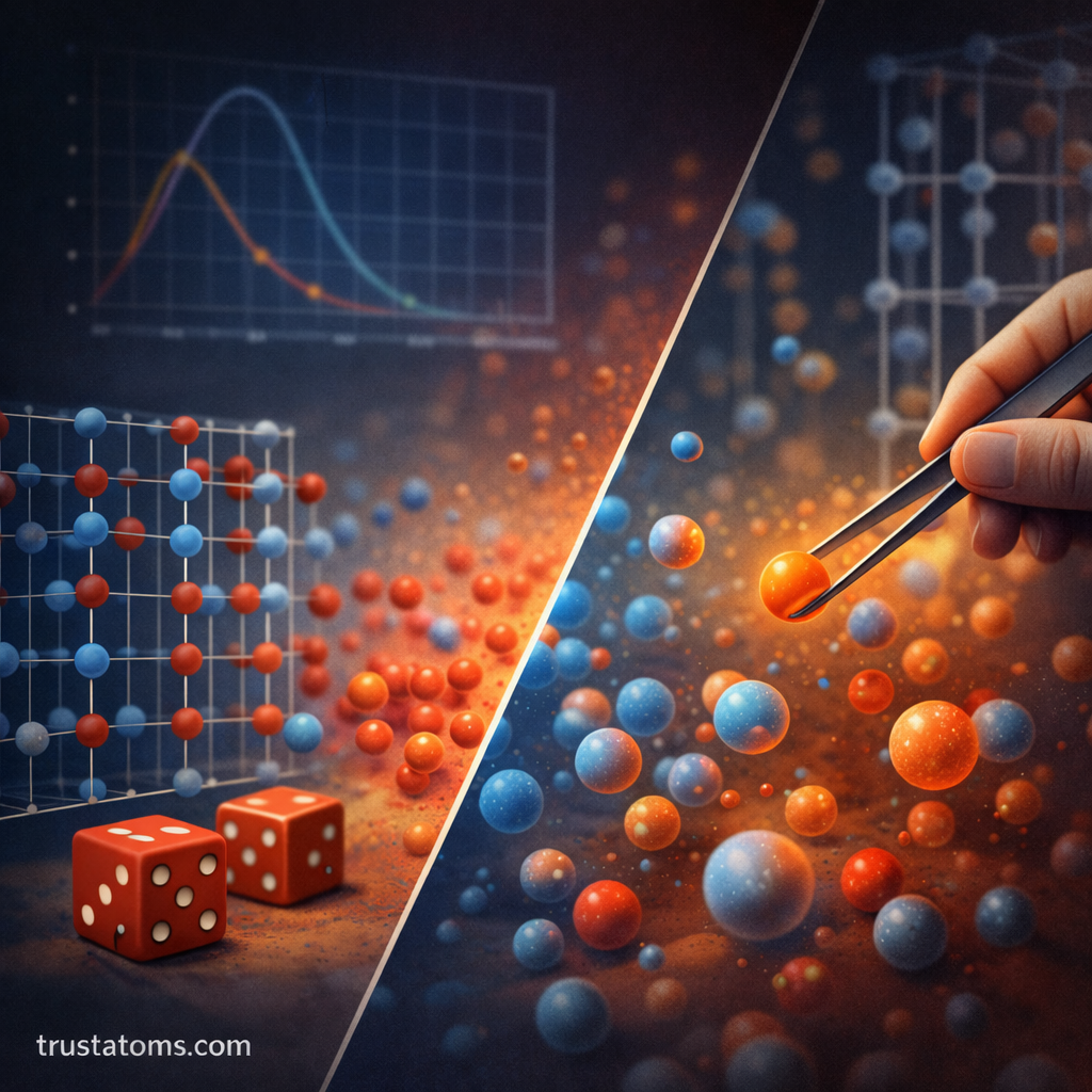 Split illustration showing Monte Carlo simulation concepts with random dice, particle lattice, and particle sampling using tweezers, trustatoms.com watermark.