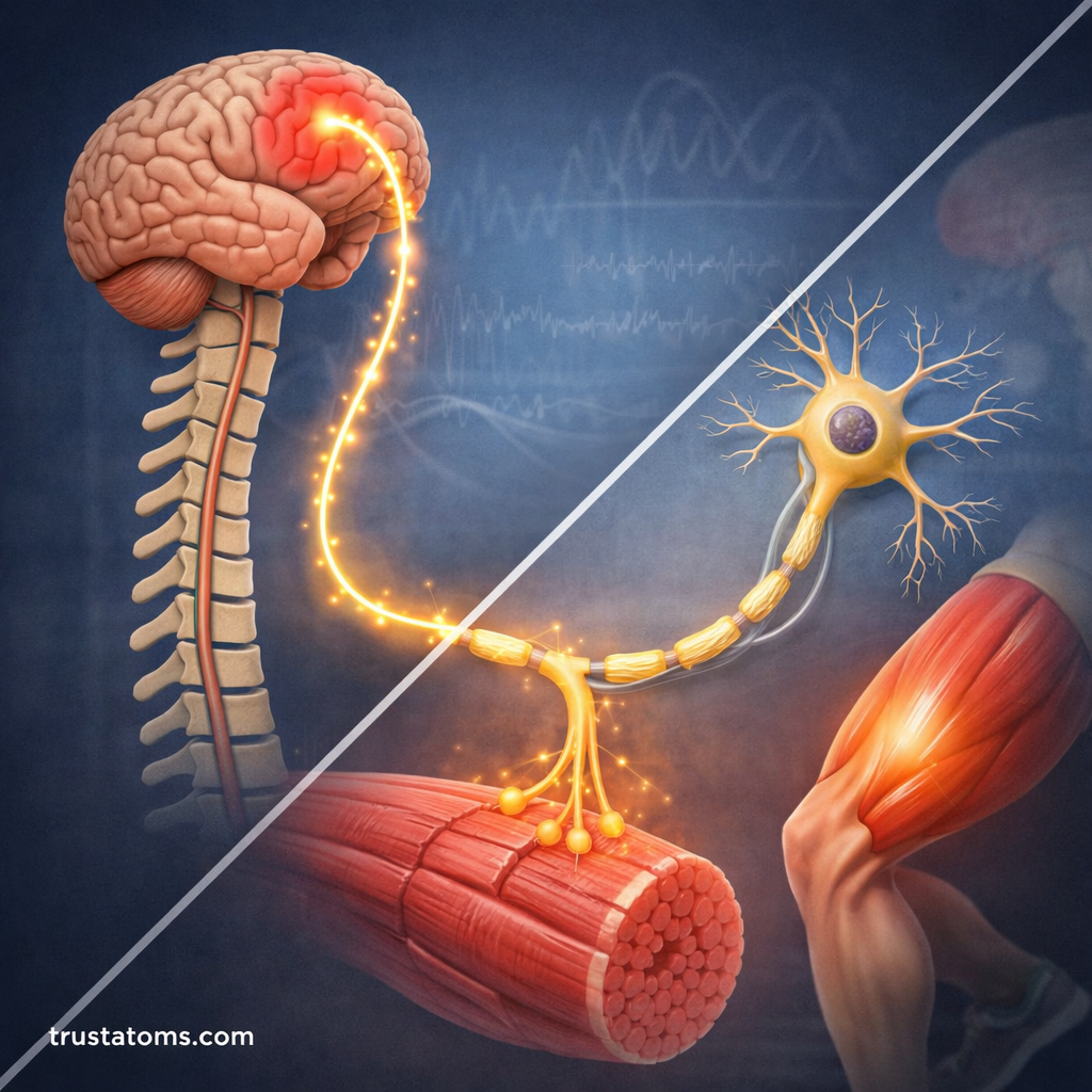 Educational illustration showing how motor neuron signals travel from the brain and spinal cord to muscle fibers, activating muscle contraction.