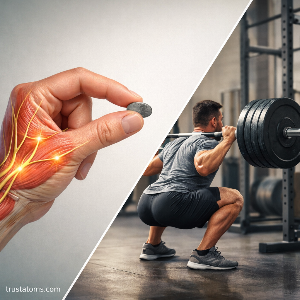 Split illustration showing fine motor control with hand pinching a coin and high force production with a person performing a barbell squat.