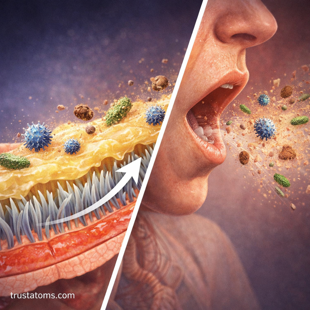 Split illustration showing cilia moving mucus with trapped particles and a person coughing to expel dust, bacteria, and viruses from the airway.