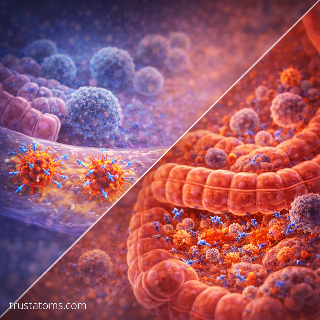 Split illustration showing mucosal immunity in the respiratory tract trapping pathogens and digestive tract balancing bacteria and immune defense.