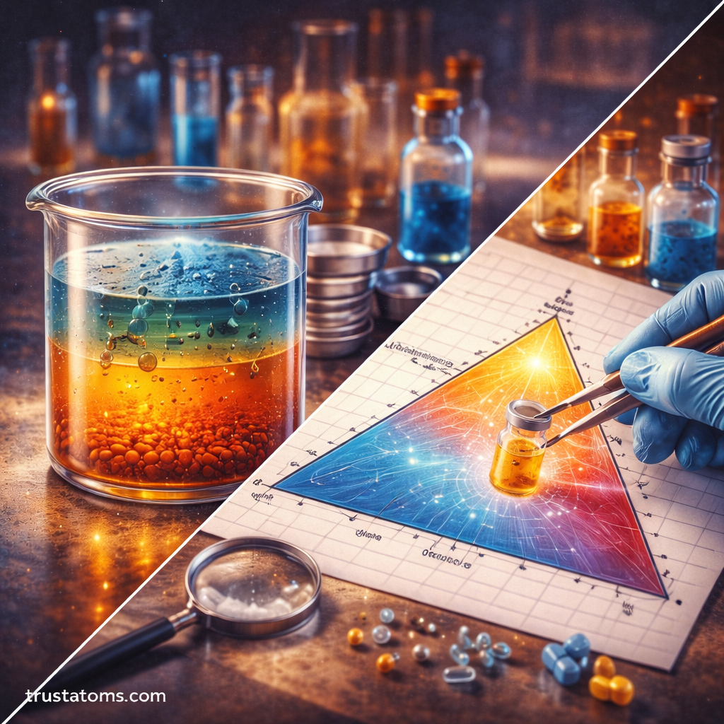 Split illustration showing liquid–liquid phase separation in a beaker and a ternary phase diagram used to analyze multicomponent systems.