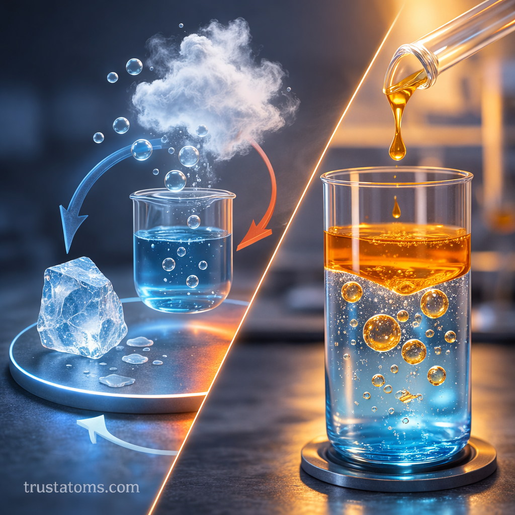 Split diagram showing examples of multiphase systems including phase changes between solid, liquid, and gas and liquid separation in a laboratory container.