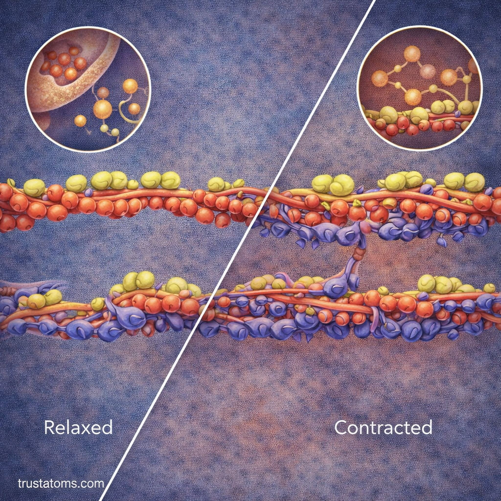 Diagonal split illustration showing relaxed muscle with separated actin and myosin and contracted muscle with overlapping filaments.