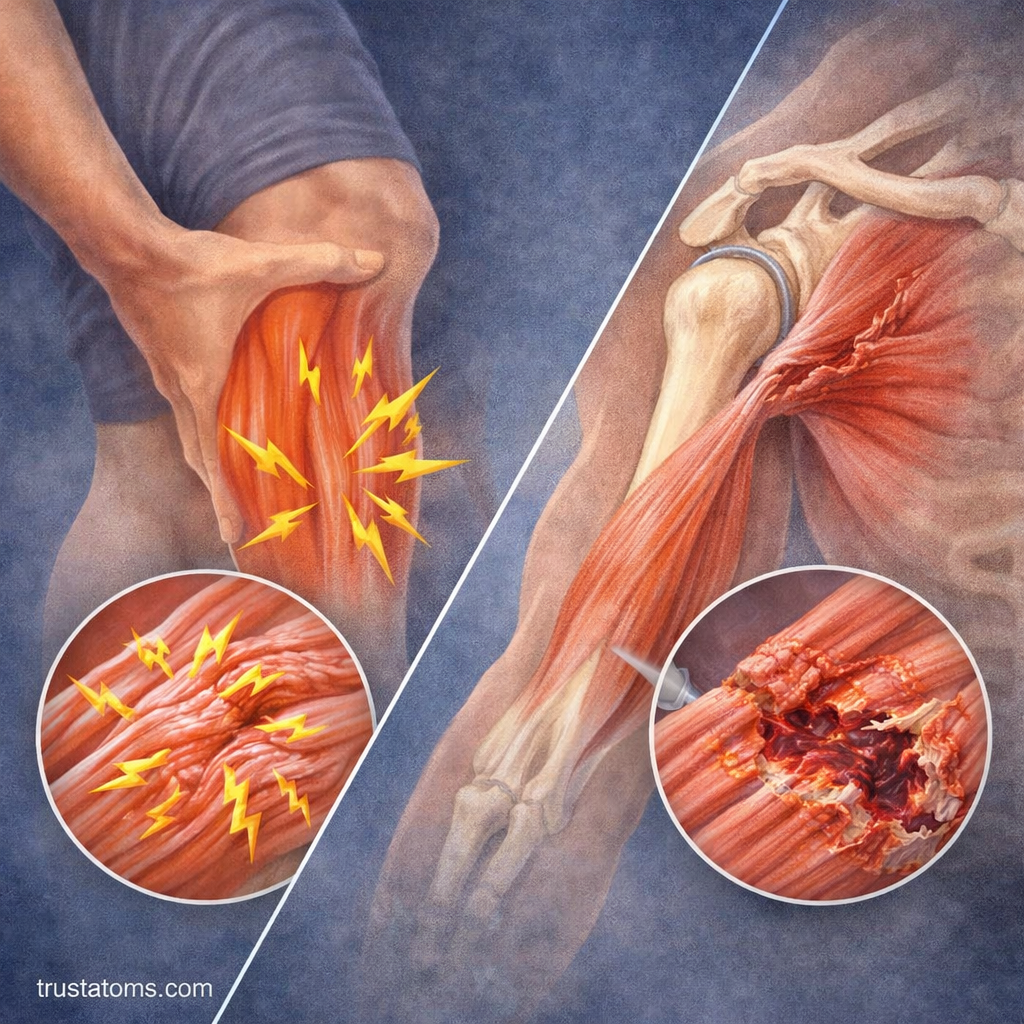 Split illustration showing a muscle cramp with tight contracted fibers and a muscle strain with torn muscle tissue.