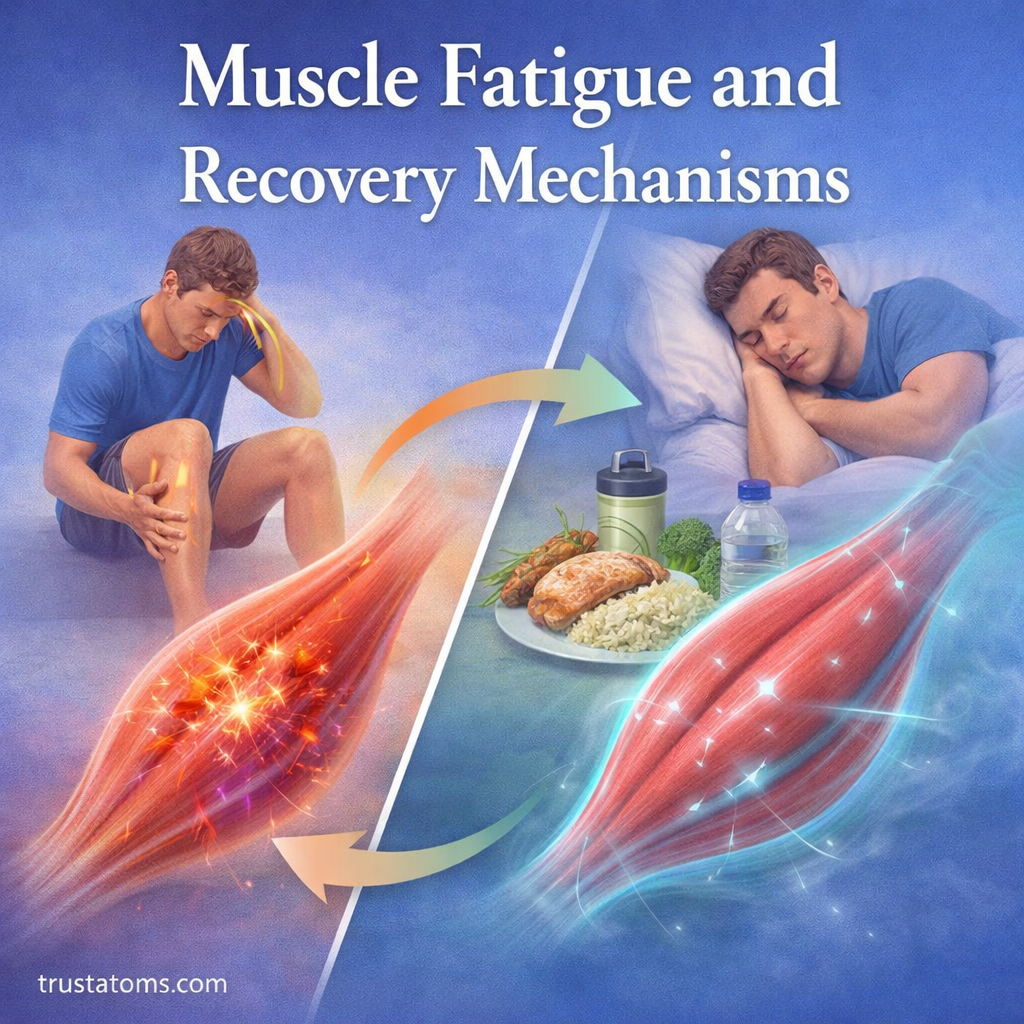 Illustration showing muscle fatigue with strain and recovery through rest, nutrition, and muscle repair processes.