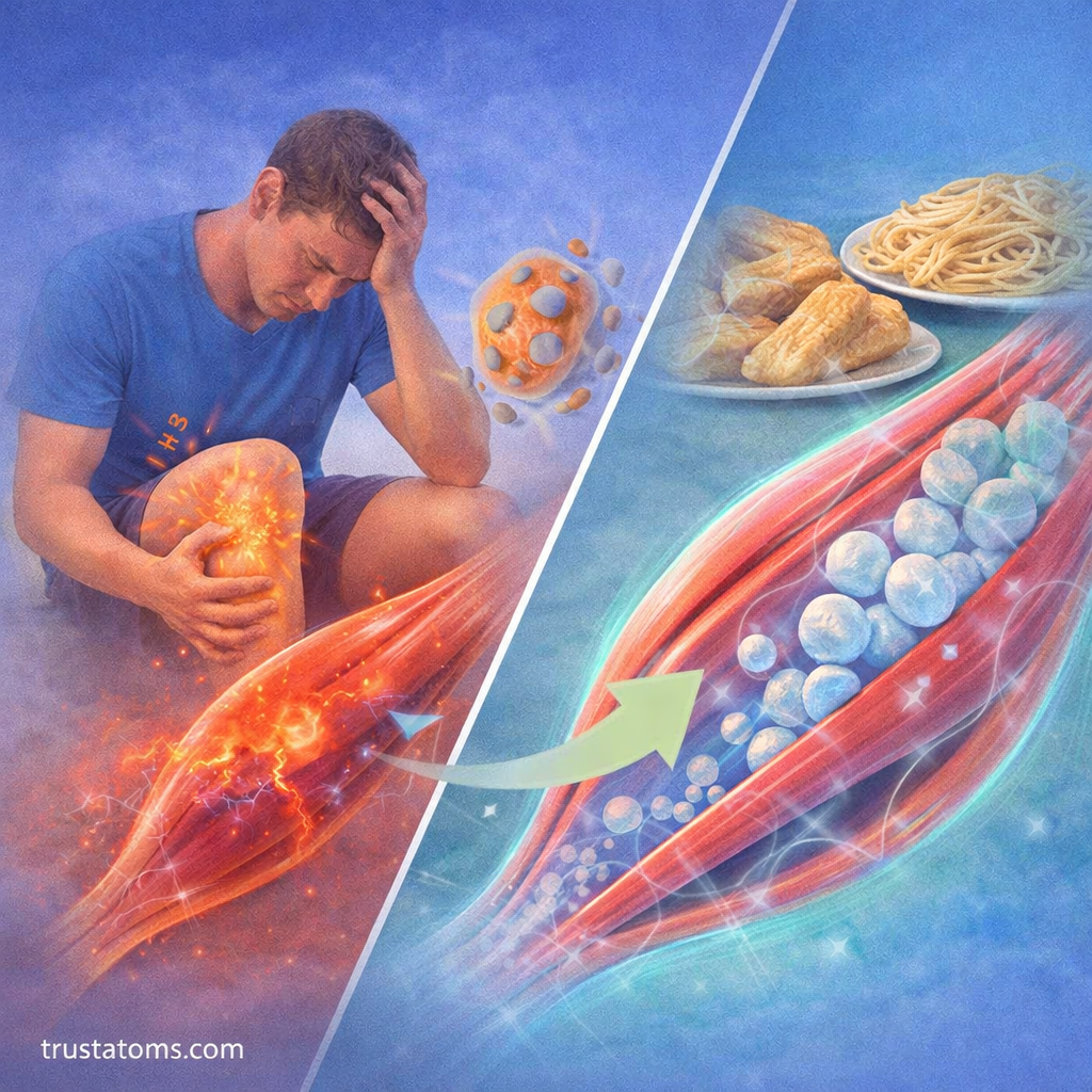 Split illustration showing muscle fatigue with strain and recovery through energy replenishment and muscle repair processes.