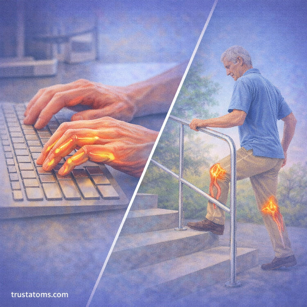 Split illustration showing hand coordination while typing and lower body coordination while climbing stairs.