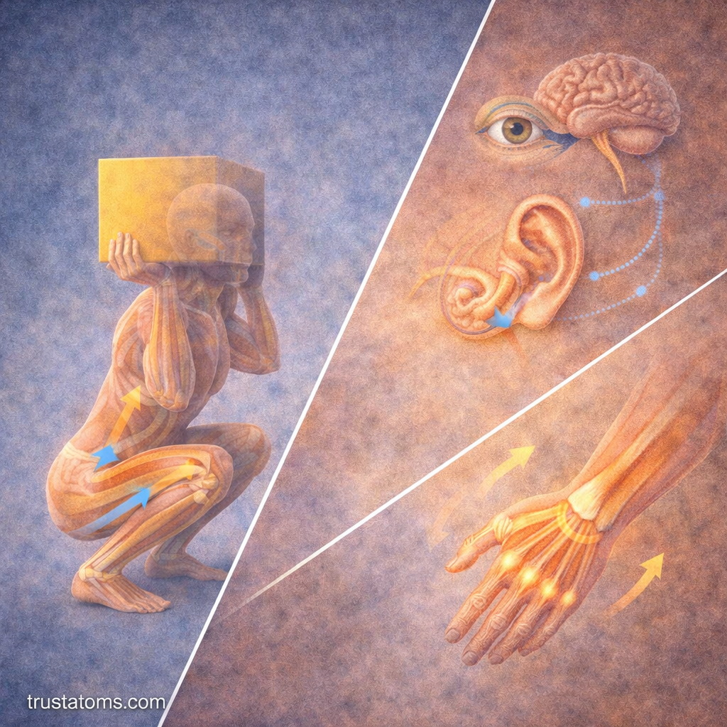 Split illustration showing coordinated muscle movement during a squat and sensory feedback from the brain, ear, and hand.