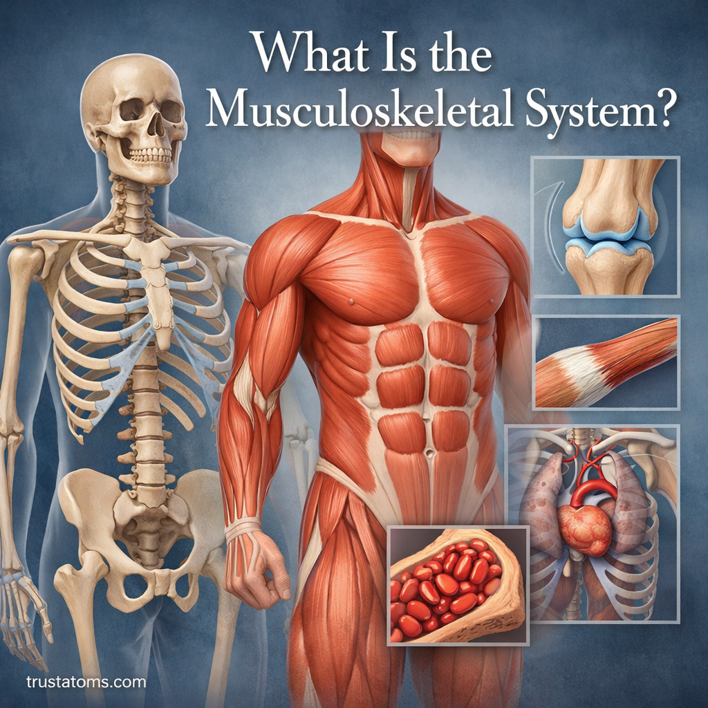 Illustration showing the human musculoskeletal system with skeleton, muscles, joints, and connective tissues.