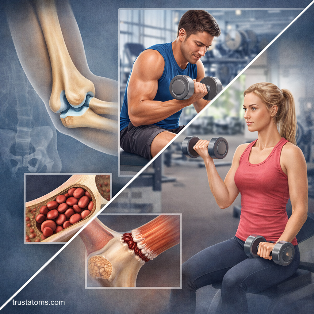 Split illustration showing elbow joint structure and people performing dumbbell exercises to demonstrate muscle and joint function.